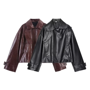 Women's Casual PU Leather Jacket Short Loose Moto Biker Coat Streetwear Solid Color Outwear With Buttons Lapel