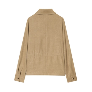 Back view of a light brown long-sleeve suede jacket with flap pockets and tailored seams