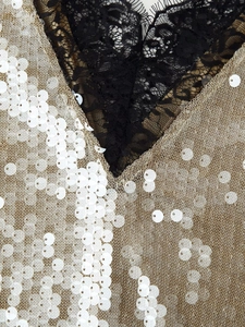 Detail of V-neck sequined dress with black eyelash lace trim and shimmering sequins