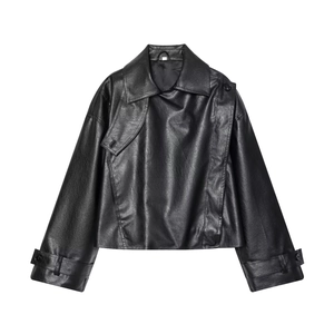 Close-up of black PU leather jacket showing the large lapel and fine material texture