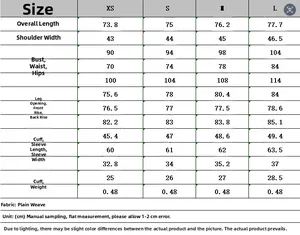 Detailed size guide table for minimalist double-breasted romper from XS to L in centimeters