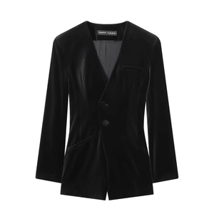 Detailed view of black velvet double-breasted romper blazer with V-neck and pockets