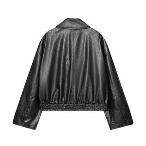 Back view of a black faux leather cropped jacket with a wide elasticated hem and lapel collar