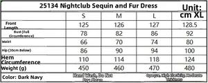 Detailed size chart for sequin dress with faux fur trim including S-XL dimensions
