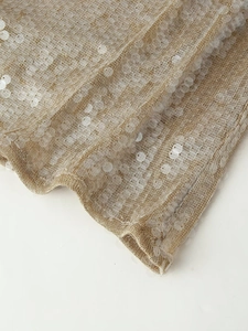 Detail of champagne gold sequins on lace fabric showing sparkling texture and mesh finish