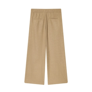 Detail view of khaki wide-leg pants with elastic waist and back welt pockets