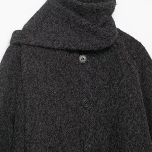 Women's dark grey boucle wool coat with high neck and three black buttons