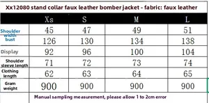 Size chart for faux leather bomber jacket with detailed measurements from XS to L