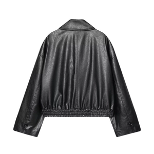 Chic black faux leather cropped bomber jacket with back elastic hem and dropped shoulders
