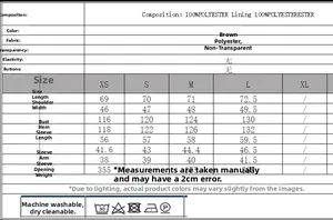 Tableau des tailles pour trench-coat marron avec détails du tissu et mesures