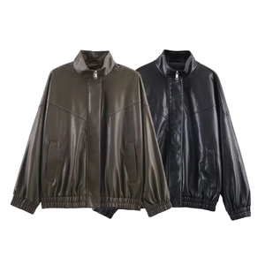 Women Faux Leather Bomber Jacket Stand Collar Pilot Jacket Long Sleeve Casual Zip Up Solid Color Outwear For Winter Fall