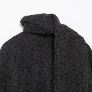 Short charcoal grey bouclé coat with matching scarf featuring fuzzy mohair texture