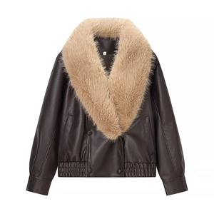 Women's faux leather jacket with large detachable fur collar and ribbed waist hem