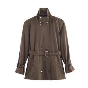 Trench-coat Femme Marron Mode Col Montant Avec Ceinture Manches Longues Simple Boutonnage Coupe-vent Veste