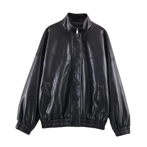 Detailed view of women's black faux leather bomber jacket with stand collar and metal zipper