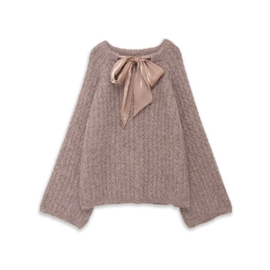 Women Casual Loose Knit Pullover Sweater With Satin Ribbon Bow Morandi Pink Long Sleeve Round Neck Streetwear Fashion Top