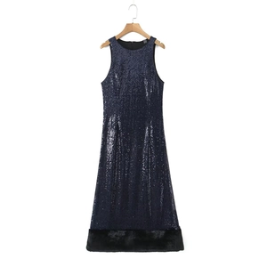 Women Sexy Dark Blue Sequin Patchwork Maxi Dress Sleeveless Round Neck Slim Fit Bodycon Evening Party Faux Fur Hem Gown