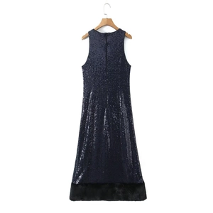 Detail of sequin texture and black faux fur trim on navy blue sleeveless evening gown