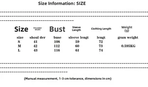 Detailed size chart for winter long sleeve quilted blazer including shoulder and bust measurements