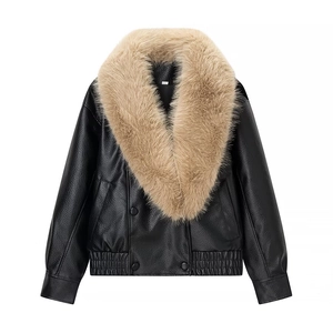Women's black faux leather jacket with detachable oversized brown fur collar and elastic hem