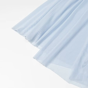 Detailed view of light blue tulle mesh fabric with delicate pleats for a flowing look