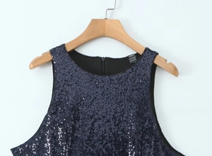 Detail of sequined bodice with invisible back zipper and round neckline on a blue dress