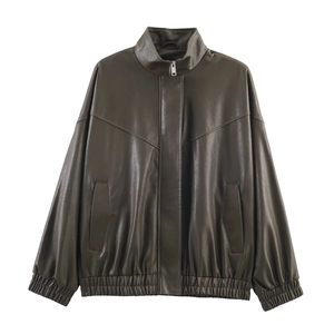 Detailed view of stand collar and zipper closure on a dark brown faux leather bomber jacket