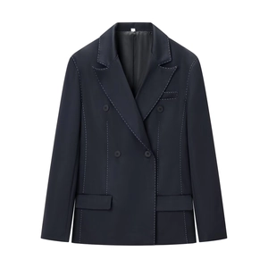 Women Winter Street Fashion Navy Blue Double Breasted Blazer Jacket With White Contrast Stitching Long Sleeve Suit Coat