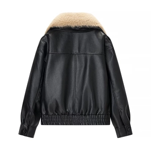 Women's black faux leather bomber jacket with detachable faux fur collar back view