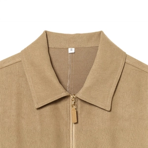 Women's casual khaki zip-up jacket with lapel collar and cotton twill fabric texture