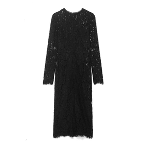 Élégante Robe Midi en Dentelle Noire Femmes Manches Longues Ajouré Motif Floral Col Rond Sexy Coupe Ajustée Rétro Robe de Fête