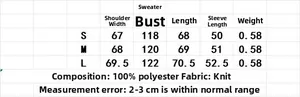 Detailed size chart for diamond pattern knit sweater showing S, M, L measurements