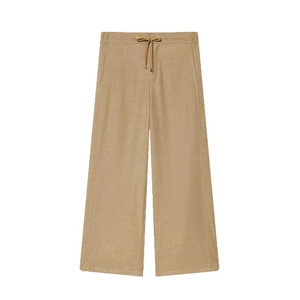 Chic camel wide-leg trousers with drawstring elastic waist and premium textured fabric