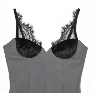 Women's chic grey bustier dress featuring black velvet panels and eyelash lace trim