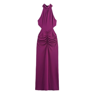 Robe Longue Sexy Dos Nu à Encolure Halter Pour Femmes Avec Fronces Et Découpes Polyester Effet Satin Robe Moulante De Soirée Violette