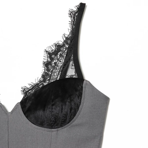 Lace trim grey corset dress with black velvet cups and eyelash lace detailing