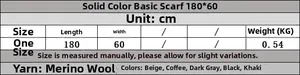 Size chart showing 180x60cm dimensions and sheep cashmere material for the solid scarf