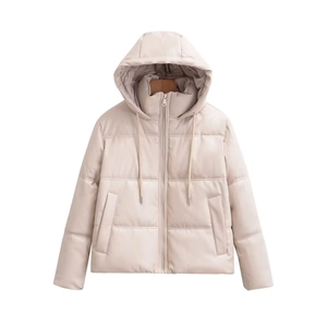 Giacca trapuntata beige in similpelle con cappuccio e cerniera per donna moda