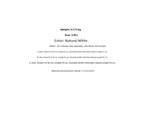 Tableau des tailles S, M, L et détails du tissu en laine pour ce haut en tricot blanc