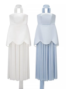 Women's Elegant Strapless Halter Maxi Dress Pleated Satin Chiffon Artificial Pearl Decor High Waist Party Evening Long Dress