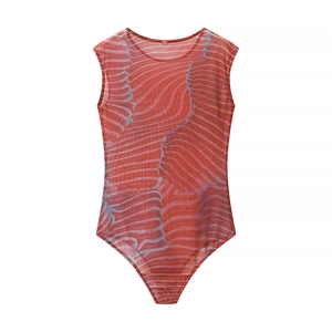 Detail of sheer mesh bodysuit featuring red and grey abstract marble print pattern