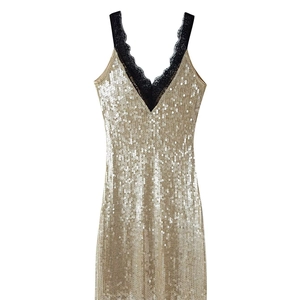 Women Gold Sequin Sexy V Neck Backless Sleeveless Slip Dress Black Lace Trim Elegant Evening Party Celebrity Style Dress