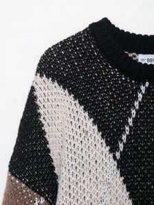 Detailed close-up of the geometric block pattern and ribbed neckline on the knit sweater