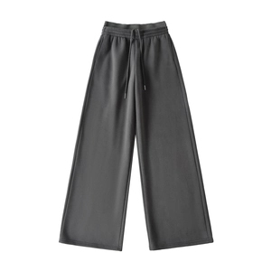 Thick fleece-lined charcoal grey wide leg sweatpants with drawstring elastic waistband