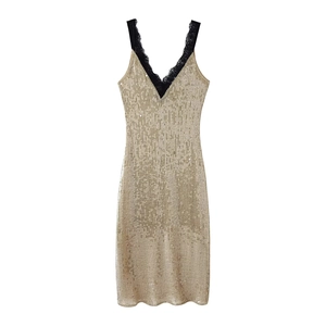 Golden sequin mini party dress with deep V-neck and black lace straps on white background