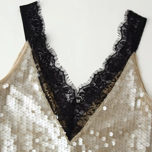Chic V-neck sequined camisole top featuring intricate black eyelash lace detailing