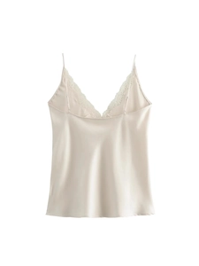 Elegante canotta in seta champagne con pizzo delicato e spalline sottili da donna