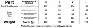 Detailed size chart for asymmetrical midi dress showing XS to L measurements and weight