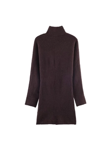 Women high neck knit dress in chocolate brown with ribbed cuffs and warm fuzzy texture