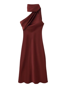 Detail of burgundy one-shoulder satin midi dress with elegant neck drape and side folds